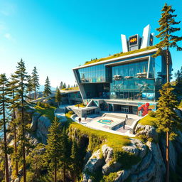 A vibrant, futuristic superhero base located on a mountain peak, featuring sleek architecture, large glass windows, and extensive greenery