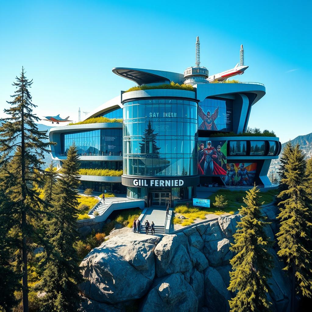 A vibrant, futuristic superhero base located on a mountain peak, featuring sleek architecture, large glass windows, and extensive greenery