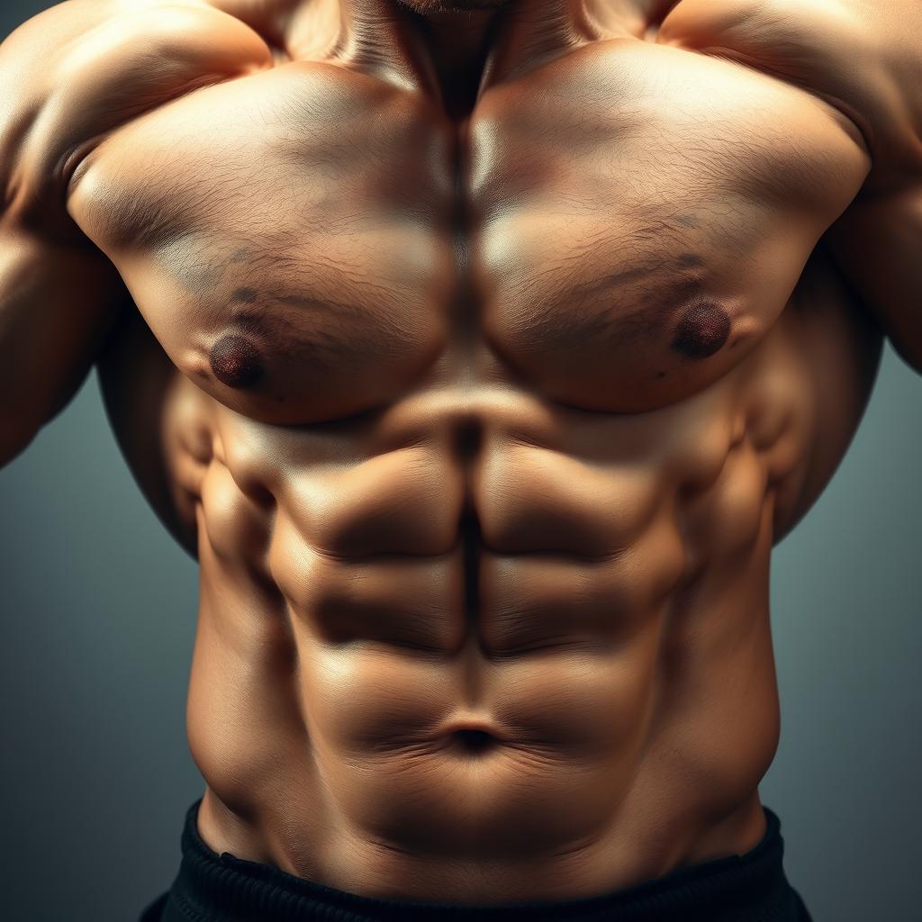 An impressive set of punched-out abs, highlighted with strong muscle definition and well-defined contours, creating a dramatic and powerful look