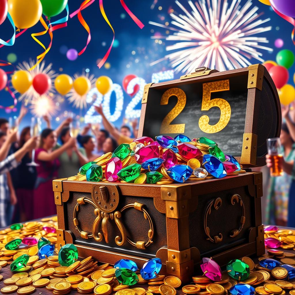 A vibrant celebration of New Year's Eve 2025 featuring a large, ornate treasure chest overflowing with sparkling jewels and gold coins