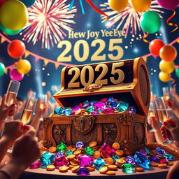 A vibrant celebration of New Year's Eve 2025 featuring a large, ornate treasure chest overflowing with sparkling jewels and gold coins
