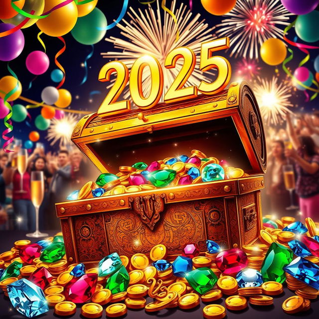 A vibrant celebration of New Year's Eve 2025 featuring a large, ornate treasure chest overflowing with sparkling jewels and gold coins