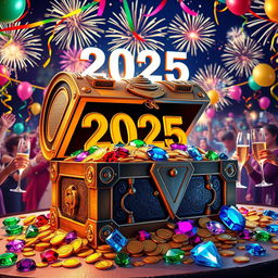 A vibrant celebration of New Year's Eve 2025 featuring a large, ornate treasure chest overflowing with sparkling jewels and gold coins