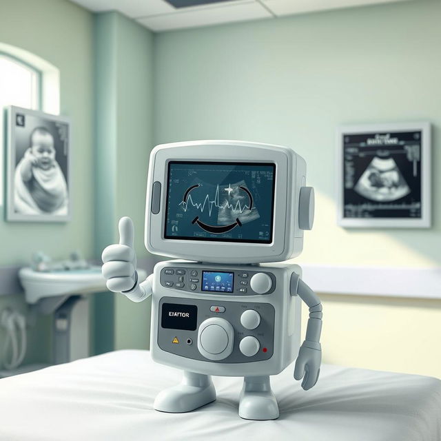 A whimsical and imaginative interpretation of an ultrasound machine personified as a human