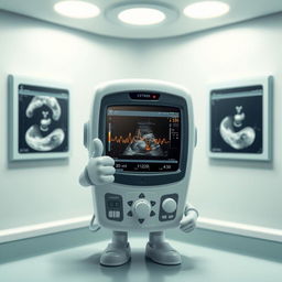 A whimsical and imaginative interpretation of an ultrasound machine personified as a human