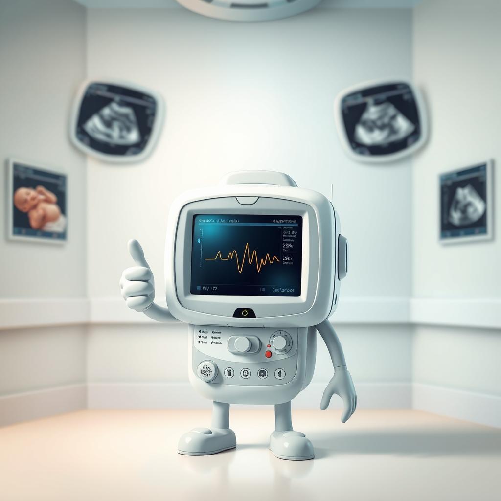 A whimsical and imaginative interpretation of an ultrasound machine personified as a human