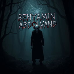 A chilling scene in a dark, eerie forest featuring Slender Man and Pennywise, both standing in a power pose, as if paying tribute to a figure named BENYAMIN ABDOLVAND