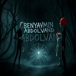 A chilling scene in a dark, eerie forest featuring Slender Man and Pennywise, both standing in a power pose, as if paying tribute to a figure named BENYAMIN ABDOLVAND