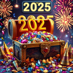 A vibrant celebration of New Year's Eve 2025 featuring a large, ornate treasure chest overflowing with sparkling jewels and gold coins