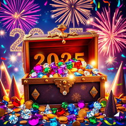 A vibrant celebration of New Year's Eve 2025 featuring a large, ornate treasure chest overflowing with sparkling jewels and gold coins