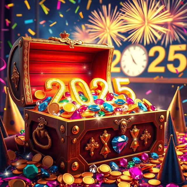 A vibrant celebration of New Year's Eve 2025 featuring a large, ornate treasure chest overflowing with sparkling jewels and gold coins