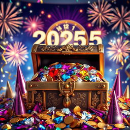 A vibrant celebration of New Year's Eve 2025 featuring a large, ornate treasure chest overflowing with sparkling jewels and gold coins