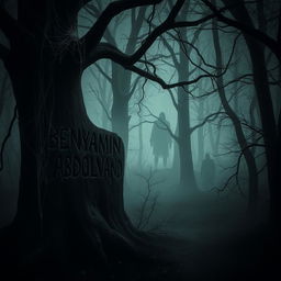 A dark, eerie forest scene featuring the name 'BENYAMIN ABDOLVAND' carved into a tree, surrounded by a dense atmosphere of fear and horror