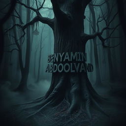 A dark, eerie forest scene featuring the name 'BENYAMIN ABDOLVAND' carved into a tree, surrounded by a dense atmosphere of fear and horror