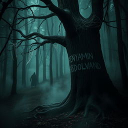 A dark, eerie forest scene featuring the name 'BENYAMIN ABDOLVAND' carved into a tree, surrounded by a dense atmosphere of fear and horror