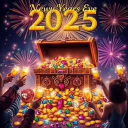 A festive New Year's Eve scene for 2025, featuring a grand treasure chest overflowing with a dazzling array of jewels and gold coins