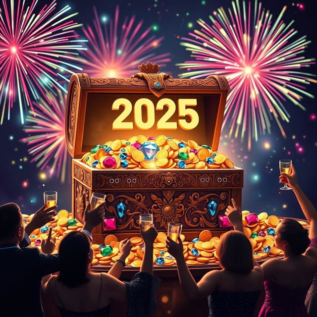 A festive New Year's Eve scene for 2025, featuring a grand treasure chest overflowing with a dazzling array of jewels and gold coins