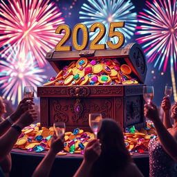 A festive New Year's Eve scene for 2025, featuring a grand treasure chest overflowing with a dazzling array of jewels and gold coins