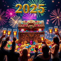 A festive New Year's Eve scene for 2025, featuring a grand treasure chest overflowing with a dazzling array of jewels and gold coins