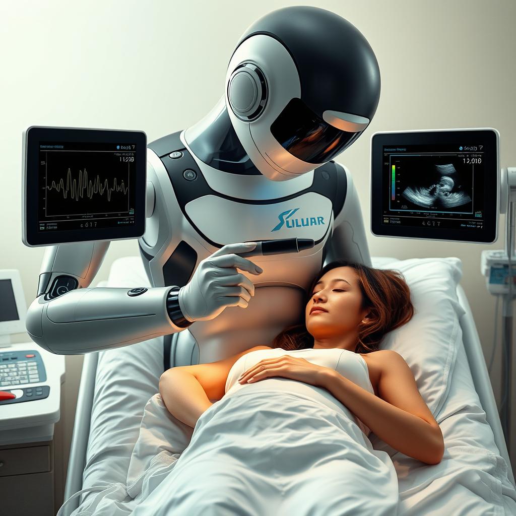 A surreal depiction of a sonographic machine personified as a human figure