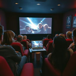A cozy movie theater setting featuring a large screen displaying an exciting film being played from a laptop