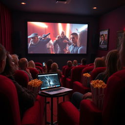 A cozy movie theater setting featuring a large screen displaying an exciting film being played from a laptop