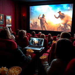 A cozy movie theater setting featuring a large screen displaying an exciting film being played from a laptop