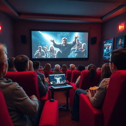 A cozy movie theater setting featuring a large screen displaying an exciting film being played from a laptop