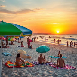 A beautiful beach scene with a vibrant sunset, focusing on colorful beach umbrellas and towels scattered on the sand