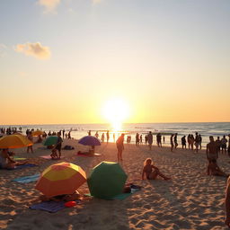 A beautiful beach scene with a vibrant sunset, focusing on colorful beach umbrellas and towels scattered on the sand