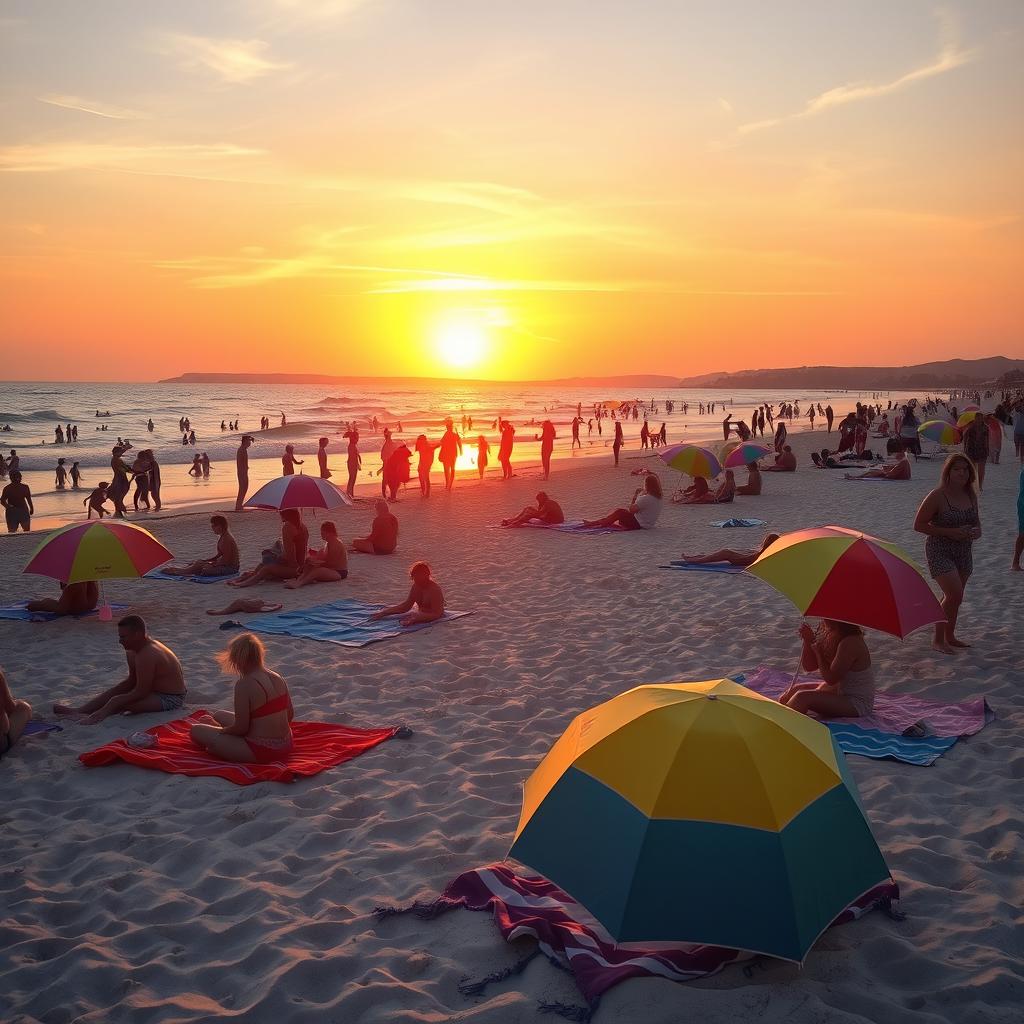A beautiful beach scene with a vibrant sunset, focusing on colorful beach umbrellas and towels scattered on the sand