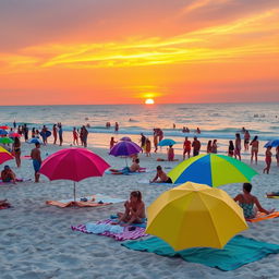 A beautiful beach scene with a vibrant sunset, focusing on colorful beach umbrellas and towels scattered on the sand