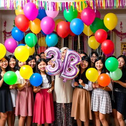 A vibrant farewell celebration scene featuring 19 female students joyfully standing together with their teacher (muallima)
