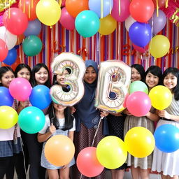A vibrant farewell celebration scene featuring 19 female students joyfully standing together with their teacher (muallima)