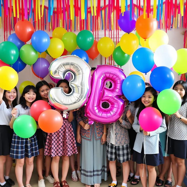 A vibrant farewell celebration scene featuring 19 female students joyfully standing together with their teacher (muallima)