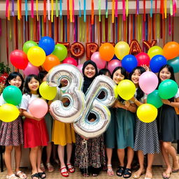 A vibrant farewell celebration scene featuring 19 female students joyfully standing together with their teacher (muallima)