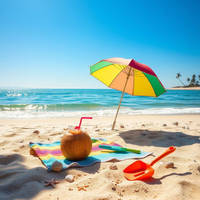 A serene beach scene with a clear blue sky and gentle waves lapping at the shore