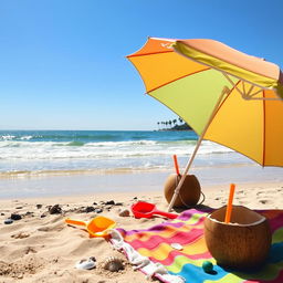 A serene beach scene with a clear blue sky and gentle waves lapping at the shore