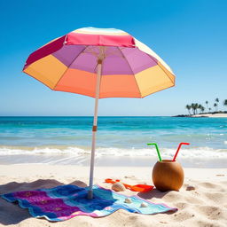 A serene beach scene with a clear blue sky and gentle waves lapping at the shore