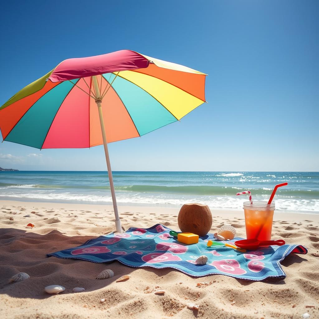 A serene beach scene with a clear blue sky and gentle waves lapping at the shore