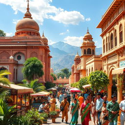 A fusion of traditional and modern elements, showcasing a vibrant desi landscape filled with lush greenery and historical architecture, featuring intricate details of Mughal-style buildings with ornate carvings
