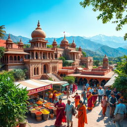 A fusion of traditional and modern elements, showcasing a vibrant desi landscape filled with lush greenery and historical architecture, featuring intricate details of Mughal-style buildings with ornate carvings