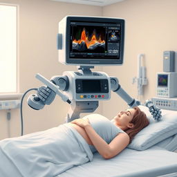 An imaginative illustration of a sonographic machine transformed into a humanoid figure