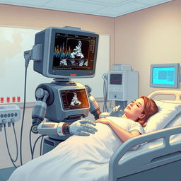 An imaginative illustration of a sonographic machine transformed into a humanoid figure