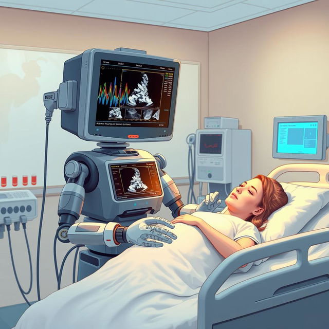 An imaginative illustration of a sonographic machine transformed into a humanoid figure