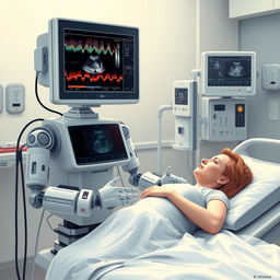 An imaginative illustration of a sonographic machine transformed into a humanoid figure