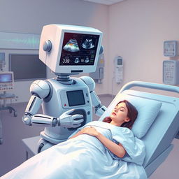 An imaginative illustration of a sonographic machine transformed into a humanoid figure