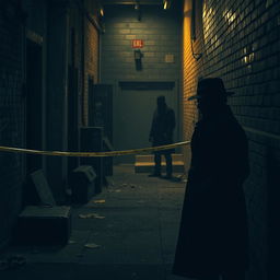 A dramatic crime scene backdrop with shadows casting ominously, featuring dimly lit alleyway details, abandoned objects like a worn-out suitcase, and evidence markers scattered around