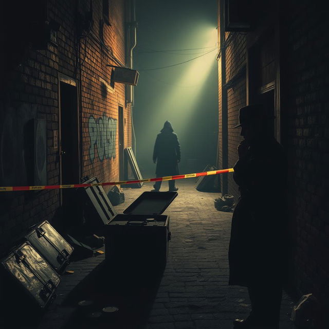 A dramatic crime scene backdrop with shadows casting ominously, featuring dimly lit alleyway details, abandoned objects like a worn-out suitcase, and evidence markers scattered around