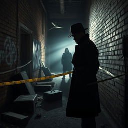 A dramatic crime scene backdrop with shadows casting ominously, featuring dimly lit alleyway details, abandoned objects like a worn-out suitcase, and evidence markers scattered around